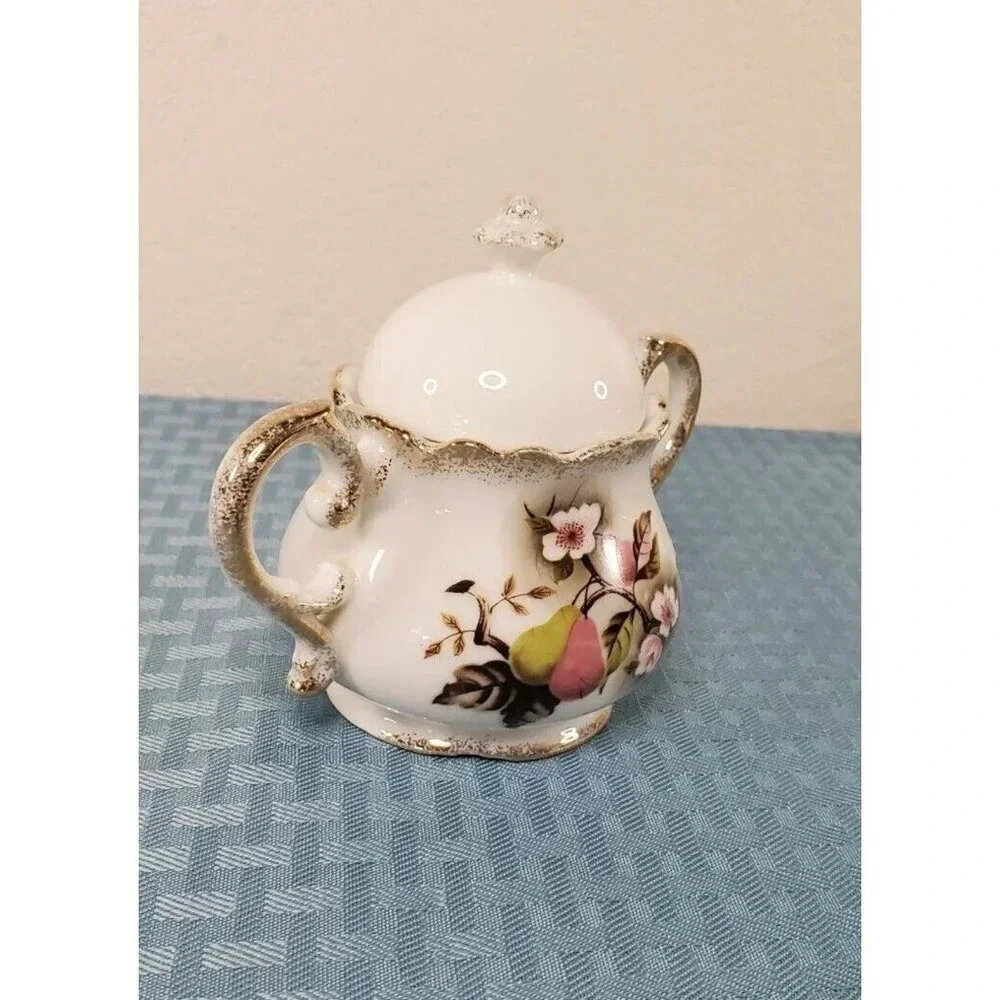LEFTON CHINA SUGAR BOWL W/LID PAER FLORAL LEAF PATTERN NE 4354 Hand Panted